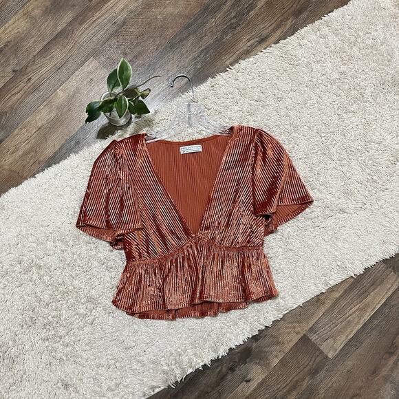 Urban Outfitters Size Small Orange Velvet Ribbed V Neck Cropped Peplum Top - Picture 3 of 7